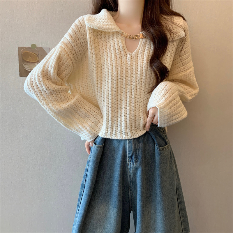娃娃领白色短款毛衣女秋冬季设计感内搭v领小个子针织衫上衣|undefined