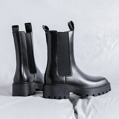 Men's Black Western Boots Short Boots  Autumn/Winter New Square Head Chelsea Boots Thick Sole Leather Boots 5689-R