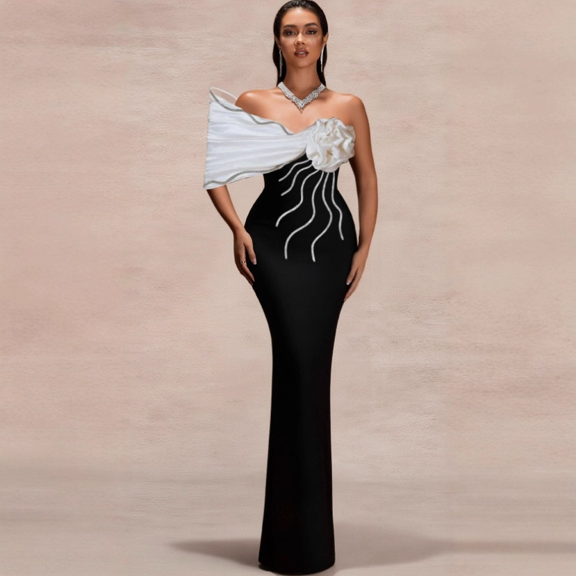 Bandage Dress Cross-Border Foreign Trade Black and White Rhinestone Three-Dimensional Large Flower Slim Elegant Bandage Dress