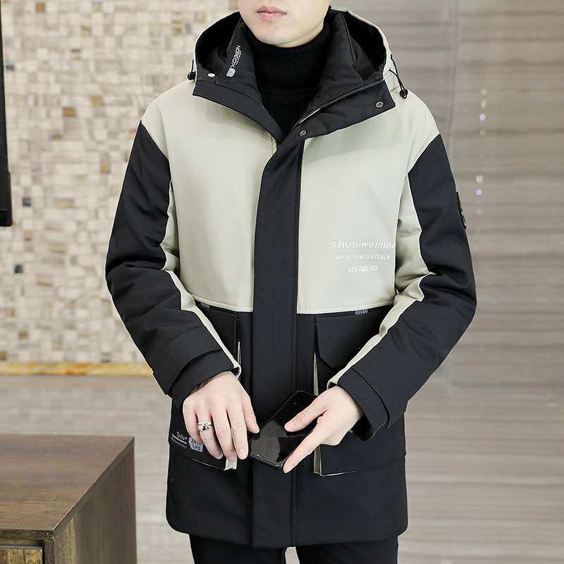Abrigo juvenil de los hombres con capucha de longitud media más el tamaño de los hombres guapos chaqueta acolchada de algodón de invierno chaqueta acolchada de moda costura de moda engrosada