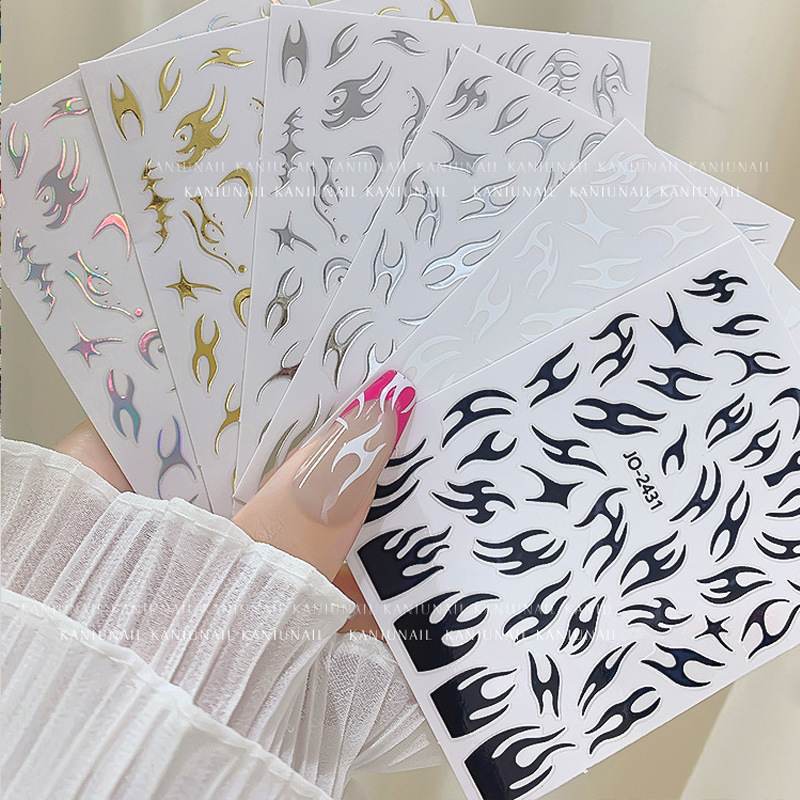 Internet Celebrity Thorn Flame Nail Art Stickers Laser Hot Stamping Hot Silver Sexy Style Stereo Relief Line Nail Stickers Decoration