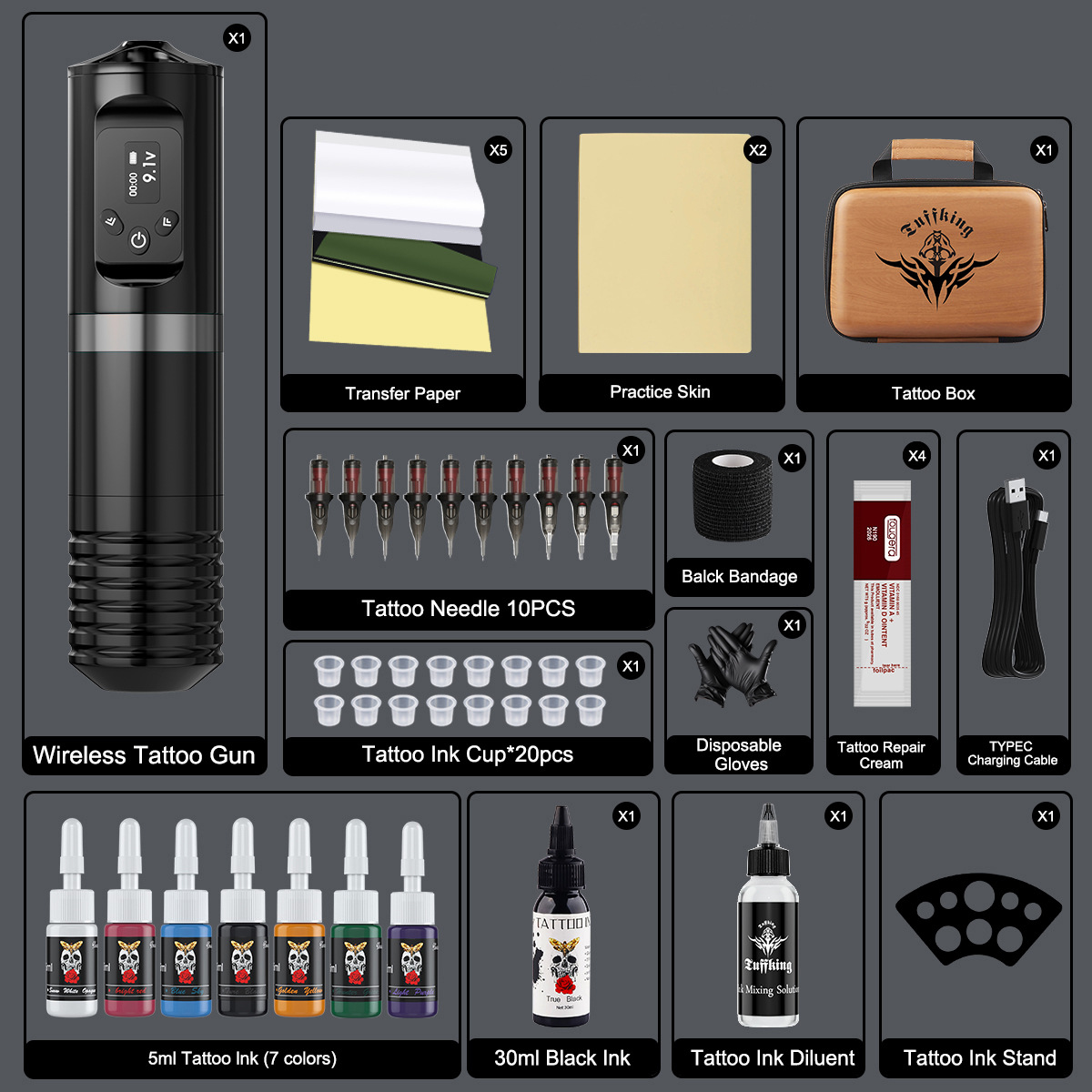 Jianzhou Tuffking batería inalámbrica pluma máquina de tatuaje conjunto de bolso portátil conjunto completo de equipos profesionales de tatuaje