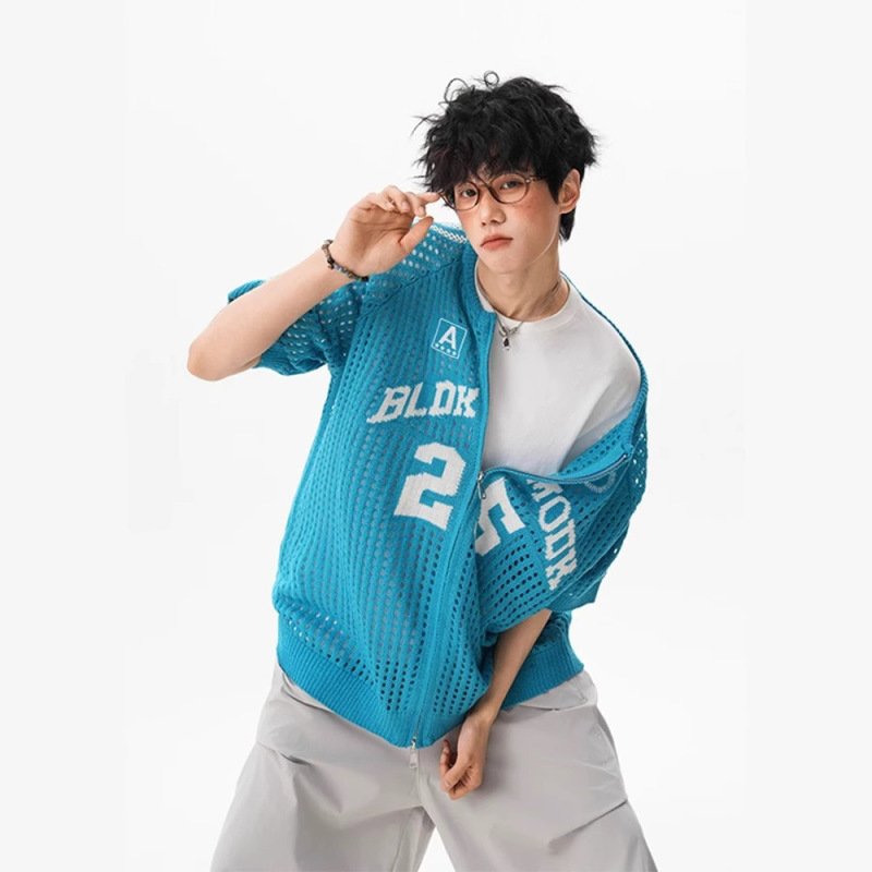 Hip-Hop American Retro Jacquard Knit Jersey Short-Sleeve Shirt with a Unique Hollow-Out Design, Loose Fit for Men and Women Hip-Hop American Retro Jacquard Knit Jersey Short-Sleeve Shirt with a Unique Hollow-Out Design, Loose Fit for Men and Women