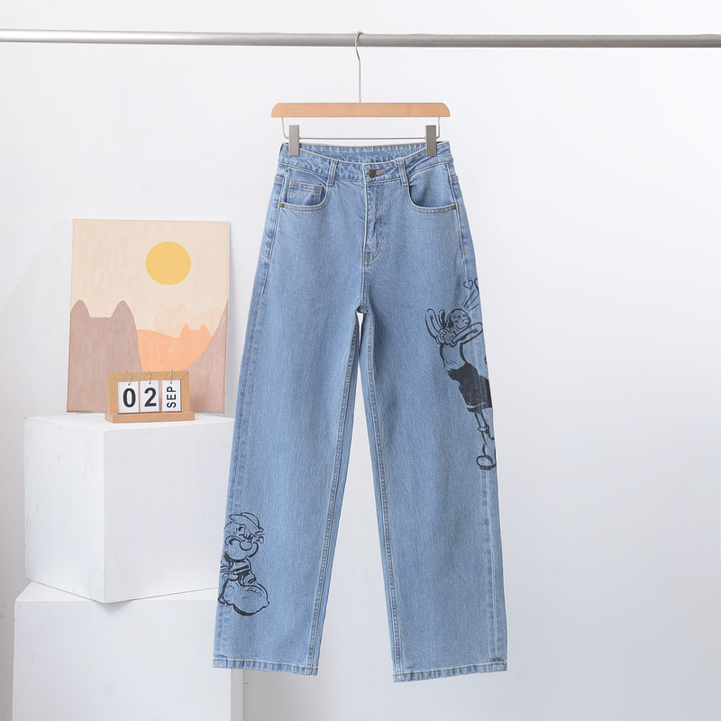 Non-Returnable and Non-Exchangeable Co-Branded Cartoon Printed High-Waisted Jeans with Fashionable Design and Celebrity Style Women's Straight Pants