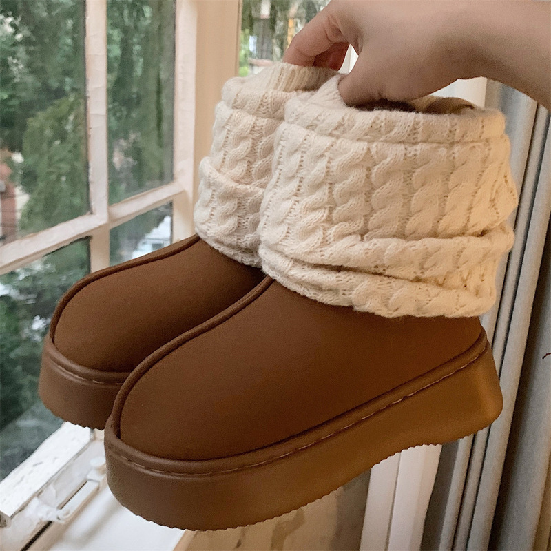 Winter Women's Mid-Calf Height-Increasing Fleece-Lined Warm Boots with Sock Liners, Retro Fashion, Comfortable, Soft, Versatile Snow Boots