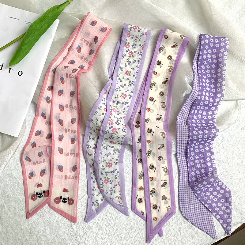 Pañuelo de seda pequeño largo francés de verano, cinturón de pelo floral pequeño, paquete de cabello trenzado, bufanda de cinta fina de gasa