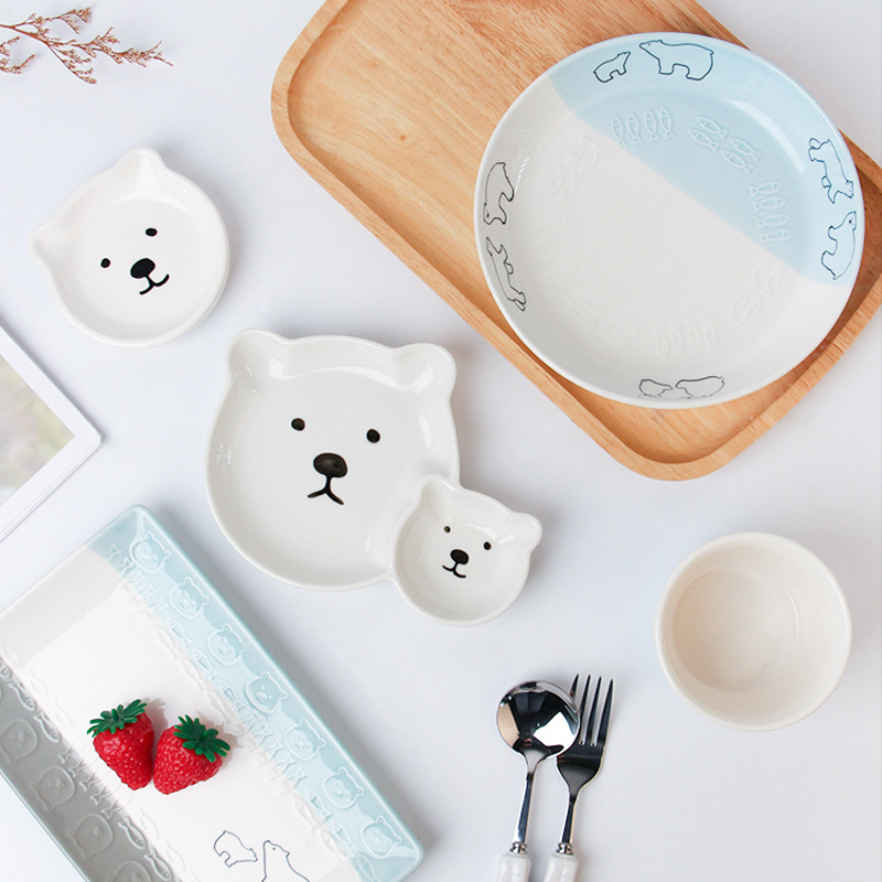 Japanese-style Polar Bear Ceramic Tableware Underglaze Paint Cute Children's Dinner Plate, Individual Serving Plate, Salad Bowl