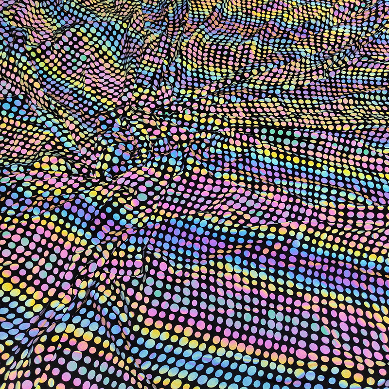 厂家供应点点幻彩印花弹力布夜店狂欢个性服装幻彩圆点反光印花布