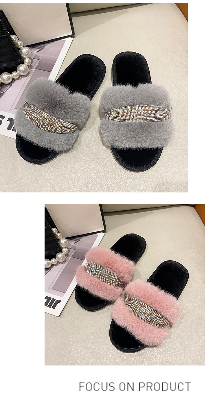 Pantofole piatte in cristallo di nuova pelliccia per il commercio estero con diamanti Moda donna alta e bassa in lana con apertura a una linea in cotone transfrontaliero_voghion.com