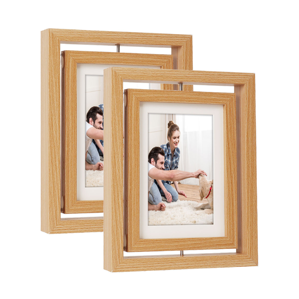 Creativo de doble cara giratorio marco de madera de 7 pulgadas marco de foto stand DIY hecha a mano mascota perro gato huellas de manos y pies marco de regalo