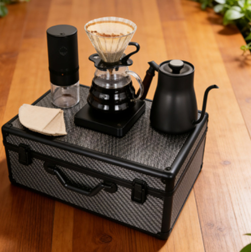 Seleccione un conjunto completo de cajas de almacenamiento de lujo para equipos de grado barista, un conjunto de café portátil al aire libre