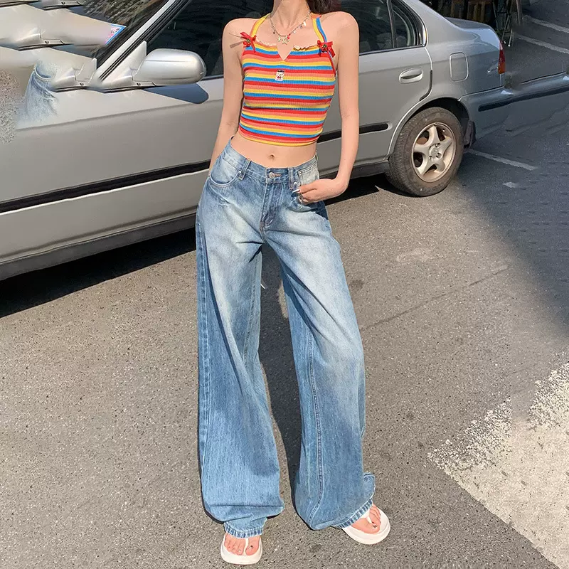狸舍#美式复古宽松阔腿裤女2024春季新款百搭垂感直筒牛仔裤女