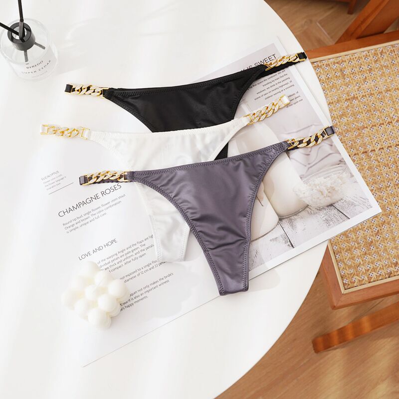 Cross-Border European and American Style Rhinestone Chain T-String Panties with Metal Embellishments, Seductive Hip-Lifting Low-Waist Ice Silk Satin Women's Underwear