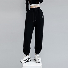 高棉松紧抽绳高腰嘻哈运动休闲长裤女秋季纯色简约百搭束脚小脚裤