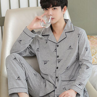 100% Pure Cotton Pajamas for Men, Long-Sleeved, All-Cotton, Spring and Autumn Cardigan, Large Size, Autumn and Winter Home Wear, Thickened and Warm