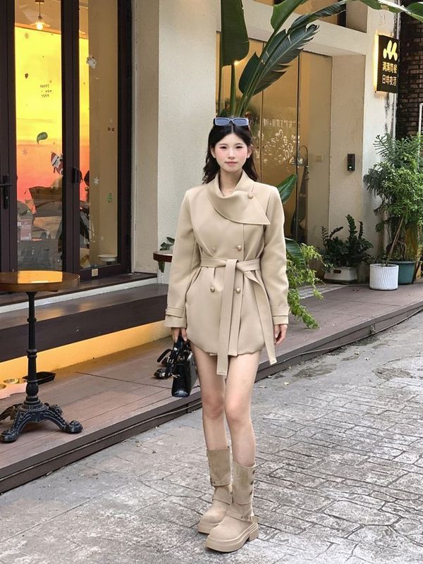 法式气质名媛风围脖设计黑色风衣外套女秋季高级感宽松英伦风大衣|undefined