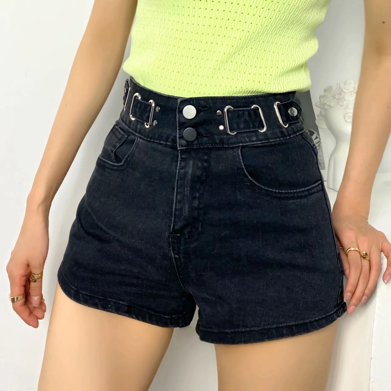 new belt decoration loose high waist wide leg denim shorts  NSAC37231