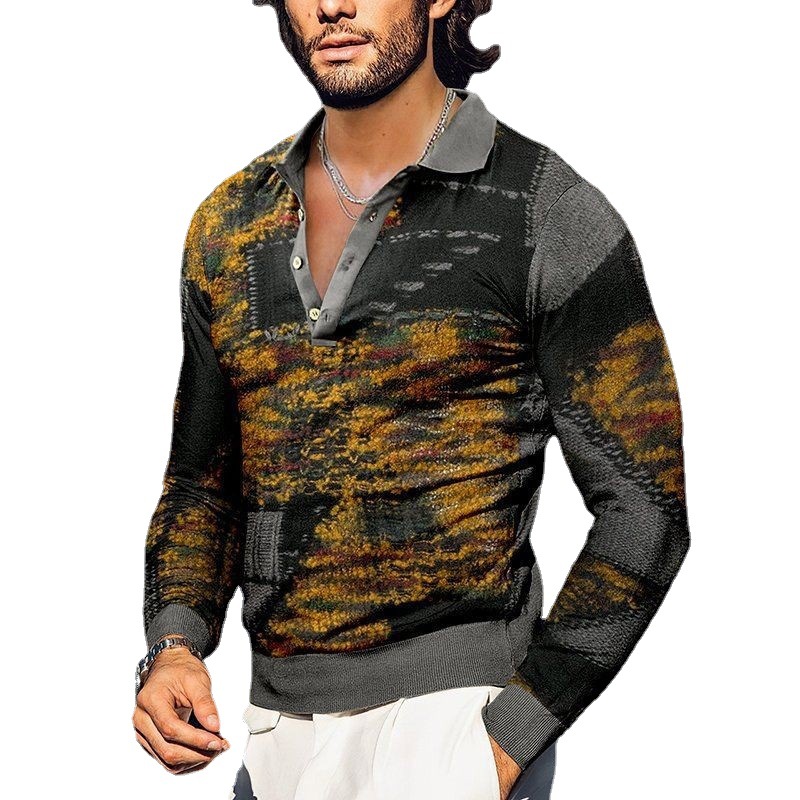 Man's clothing Trend 3D digital print Polo shirt loose trend long sleeve button_voghion.com