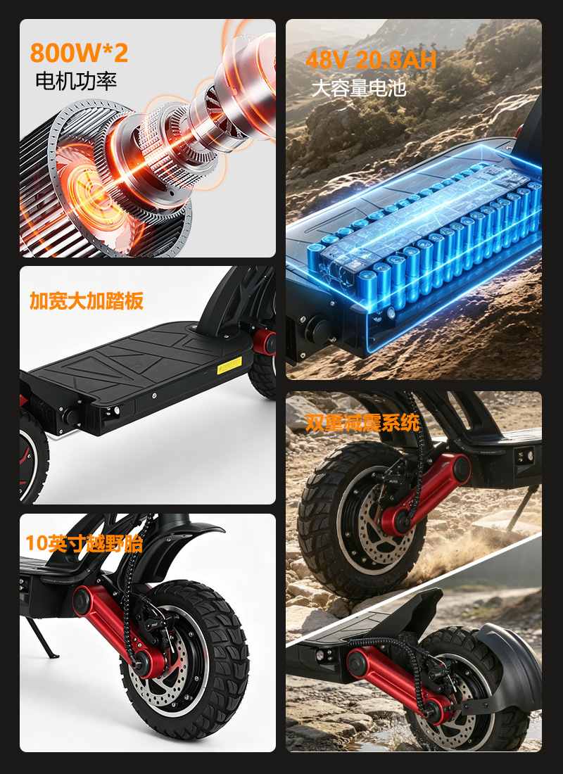 Two-wheel skateboard with dual motors and dual drive, 1600W power electric scooter for adults