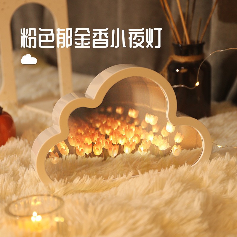 Diy hecho a mano nube tulipán espejo luz nocturna adornos luminosos regalo creativo regalo del Día de la Madre