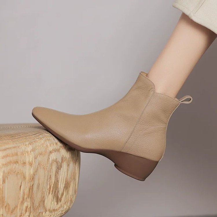 软皮短靴女2025年新款秋跨境冬季棉靴坡跟中跟裸靴小香风加绒保暖