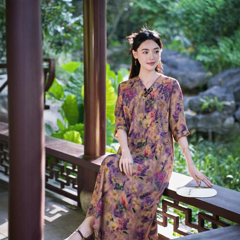 【100% mulberry silk, double-twisted silk】Herbal plant double-dyed short-sleeve dress for women 6032 slimming effect 【100% mulberry silk, double-twisted silk】Herbal plant double-dyed short-sleeve dress for women 6032 slimming effect