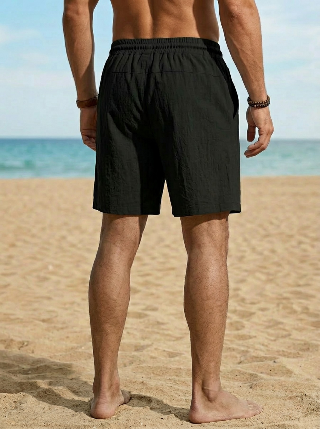 Men's Loose Fit American Linen Beach Casual Washed Button Five Point Sports Shorts mid Waist Summer Polyester Shorts_viptrois.com
