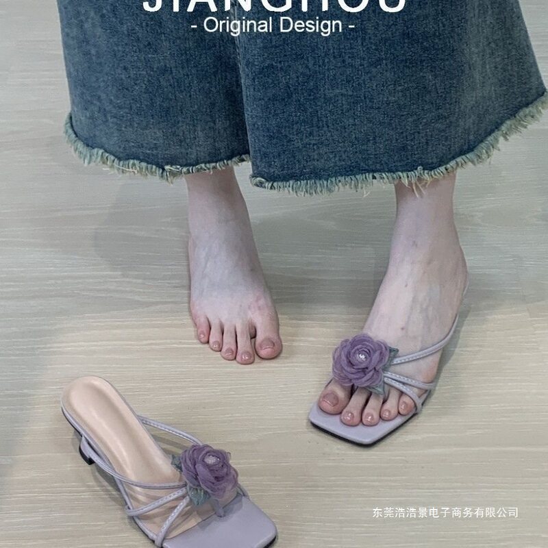 Chanel-style purple high-heeled sandals with floral vintage design, women's summer slippers to match skirts, fairy shoes Chanel-style purple high-heeled sandals with floral vintage design, women's summer slippers to match skirts, fairy shoes