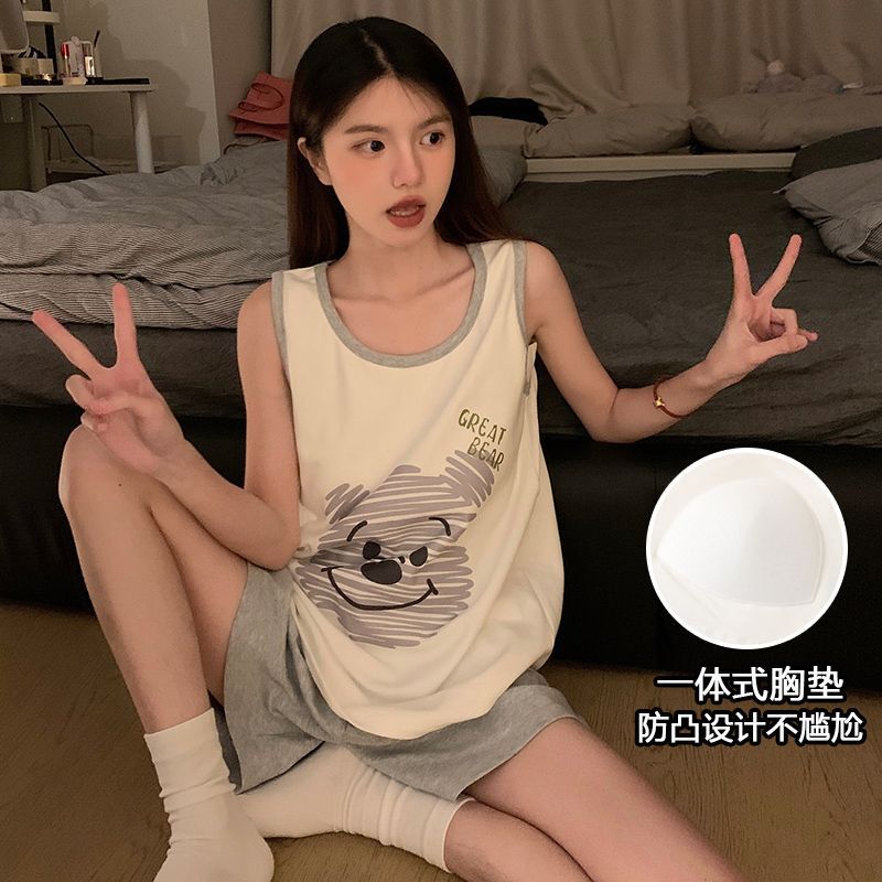 女性のための夏の新しいスタイルのパジャマ、胸パッド付きベストショーツツーピーススーツ、女の子のかわいい漫画のホーム服、アウターウェア|undefined