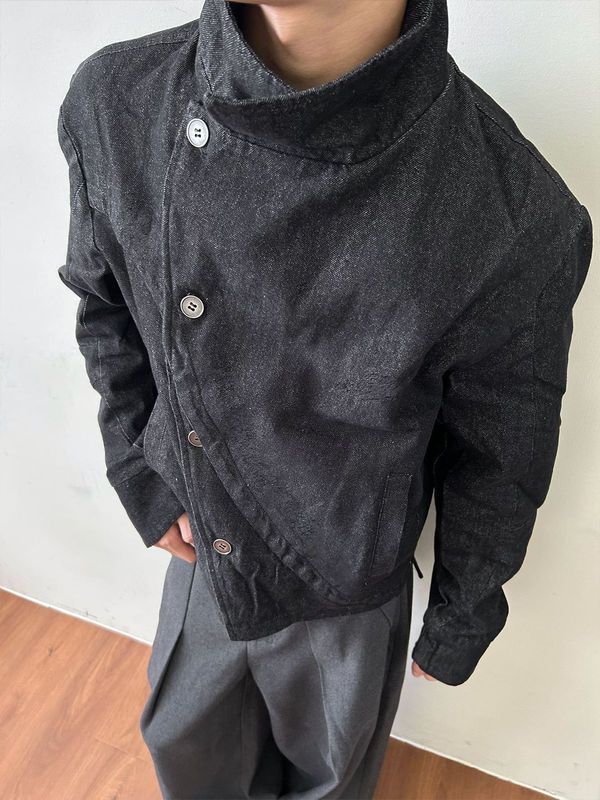 EME 弧形活页立领纽扣牛仔立体剪裁夹克多形态不规则剑道服外套|undefined