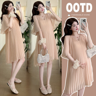 Maternity 2025 Summer New Sweet Pleated V-neck Chiffon Lotus Leaf Sleeve Loose plus size Maternity dress