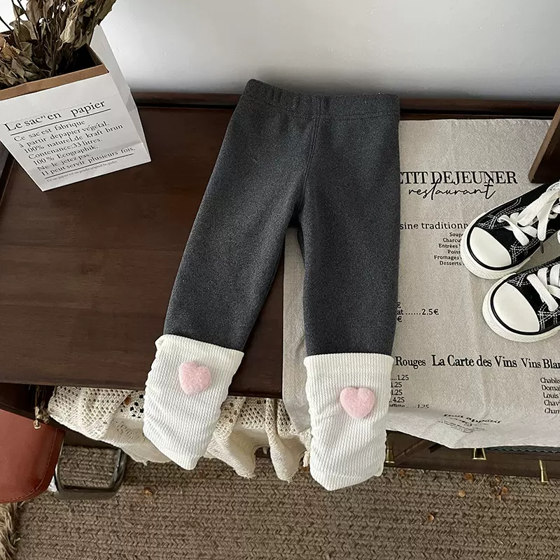 DK241192女童加绒童裤2024秋冬新品小童爱心一体绒打底裤宝宝裤子