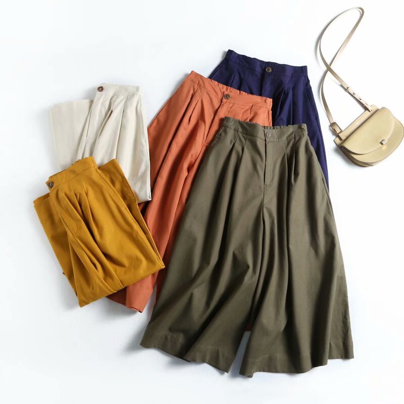 2021 Autumn Cotton and Linen Wide-Leg Cropped Pants, Loose Casual Pants, Asymmetrical Design 424945