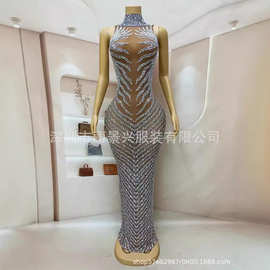演出服欧美性感透视网纱闪亮水钻礼服修身长裙酒会派对晚礼服裂纹