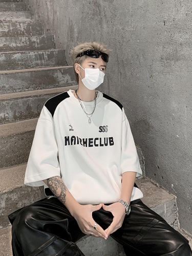 Short-sleeved T-shirt for men, summer new arrival, heavyweight American-style high-street trendy brand, contrasting color raglan sleeve loose-fit half-sleeved T-shirt for men.