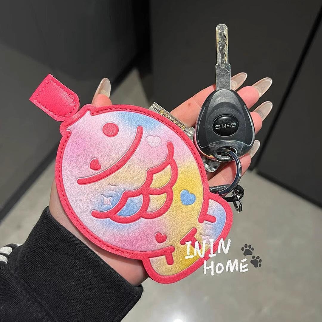 Cute Taiyaki Keychain, Access Card Holder, Three-Dimensional High-End Cartoon Car Key Case, Compact Portable Storage Leather Case