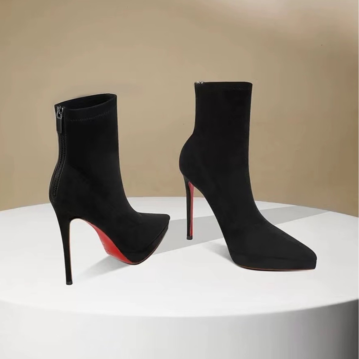 Slim Boots for Women Winter New Black Red Sole High Heels Stiletto Pointed Toe New Boots Plus Velvet Short Boots