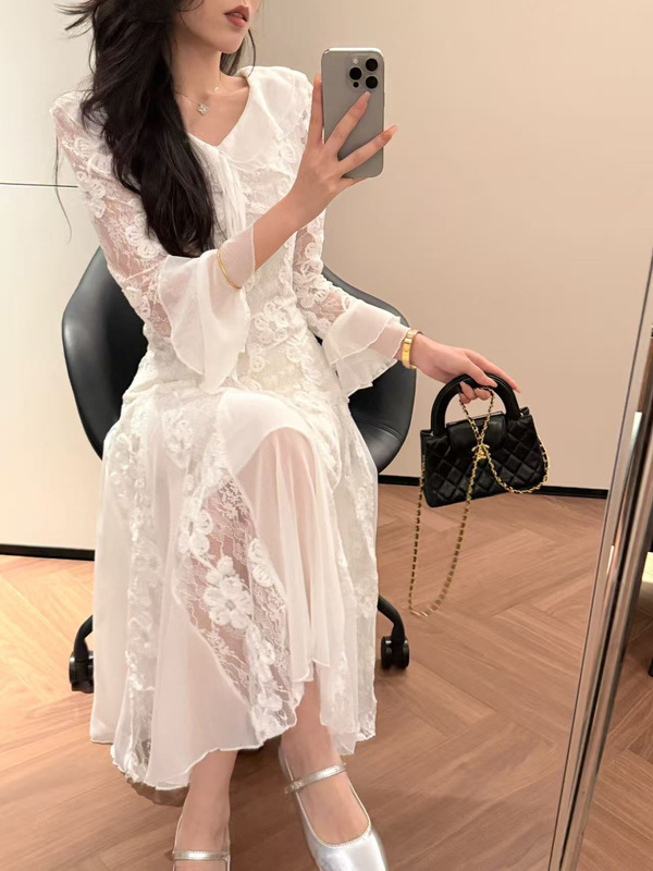 实拍 初秋气质小白裙蕾丝连衣裙打底裙收腰显瘦初恋仙女鱼尾长裙|undefined