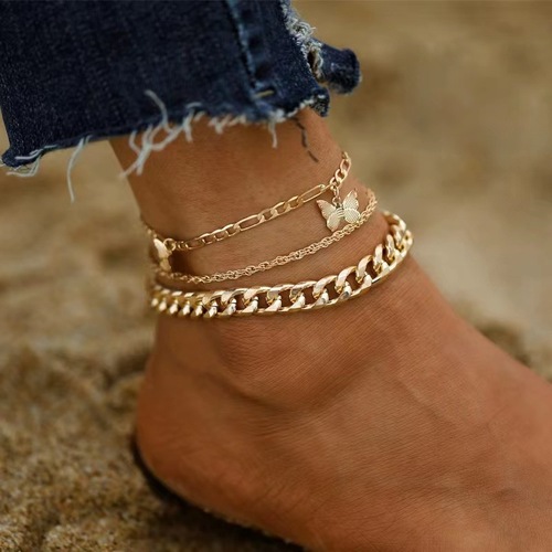 欧美跨境新款蝴蝶链条多层脚链时尚热销创意简约金色脚链套装