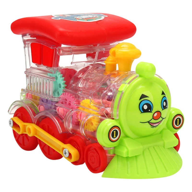 Transfronterizos niños tren de engranajes eléctricos juguetes de música iluminación universal caminando tren eléctrico pequeño puesto mayorista
