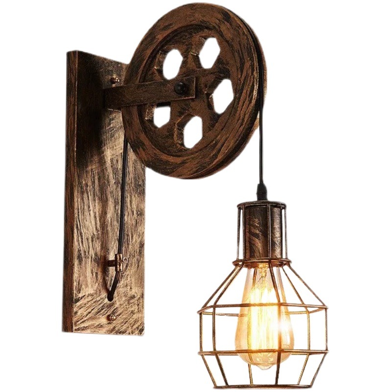 Lámpara de pared estilo industrial americana, diseño vintage con polea, para pasillos y escaleras.