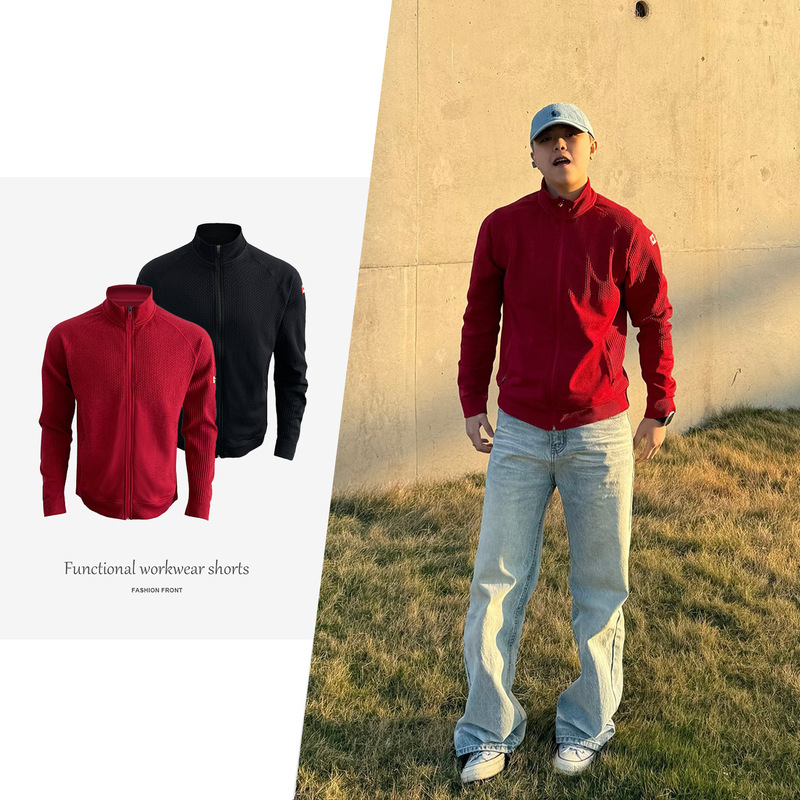 Lulu Same-style Flat for Canada Limited Red Full Zip Texture Outdoor Sports Base Shirt Sweater for Men and Women