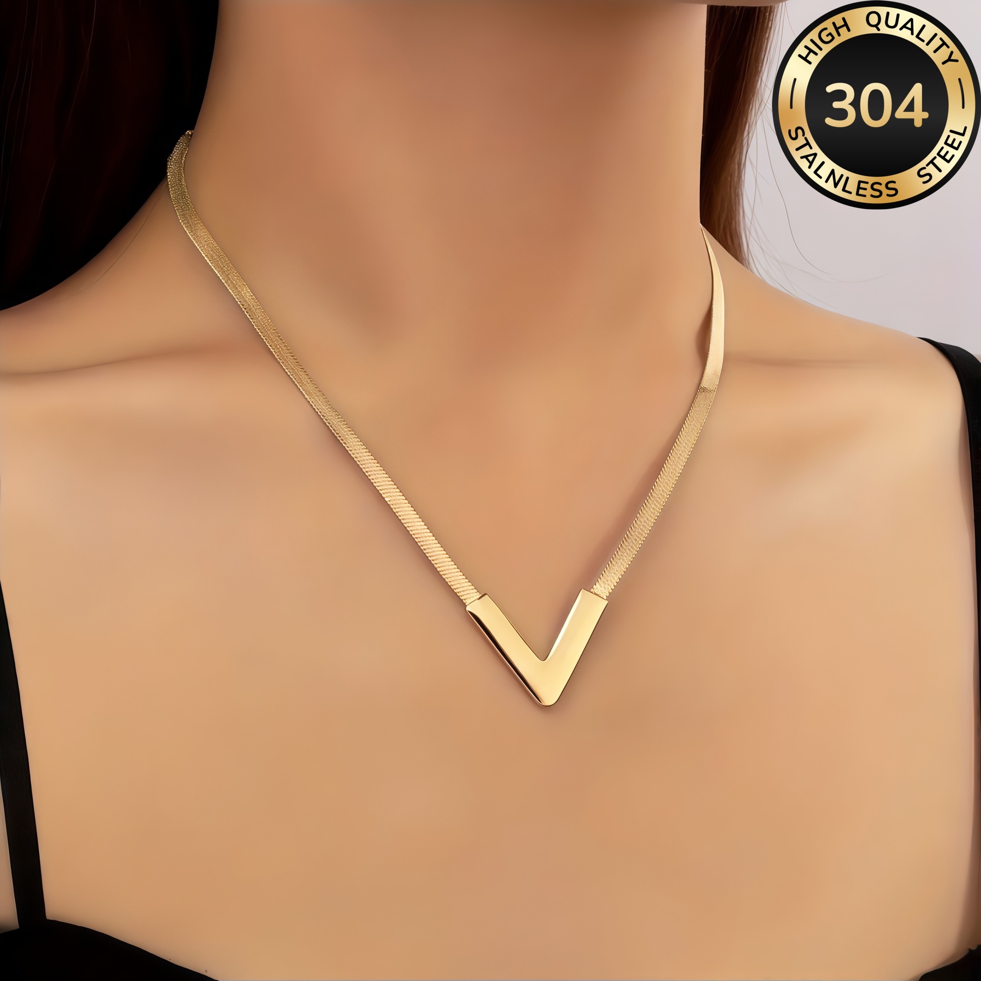 European and American cross-border full-titanium steel trendy V-shaped necklace, light luxury with a high-end feel, creative hip-hop flat snake chain plated with 18k gold