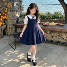 女童连衣裙夏季新款洋气时髦中大童假两件中长款娃娃领短袖公主裙