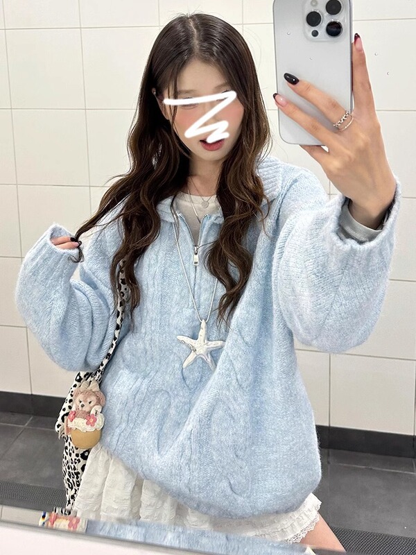 蓝色麻花翻领毛衣女2025新款奶fufu慵懒风韩系秋冬季穿搭针织上衣|undefined