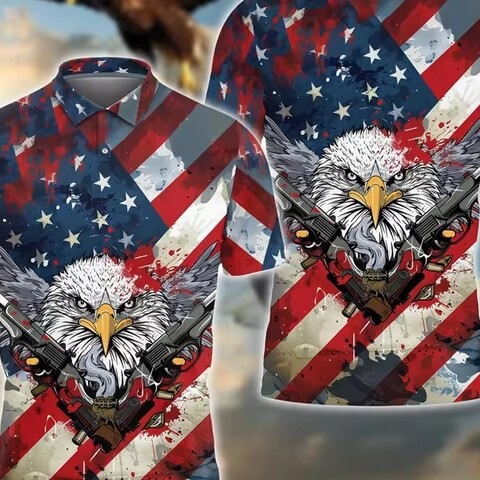 3D Digital Printing American Flag Polo Shirt Eagle Wolf Pattern Summer Casual Lapel Loose Cross-Border Export Cotton