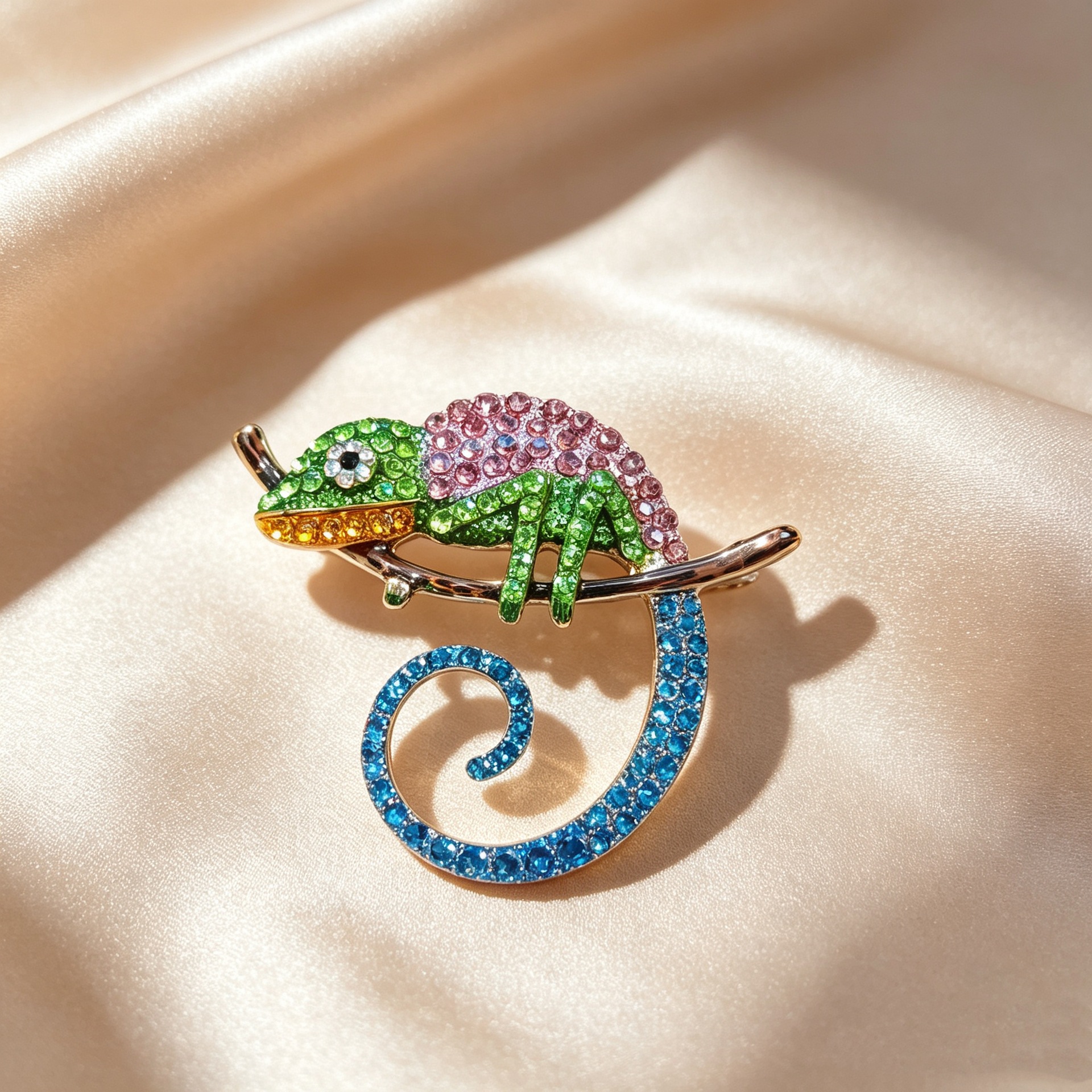 Colorful Chameleon Brooch with Diamonds, Animal Pin, Suit Accessory, Women's Vintage Enamel Brooch, Manufacturer Supply