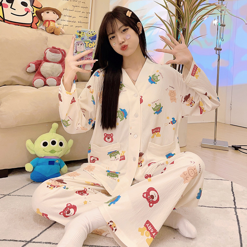 Sweet Girl pijamas mujeres de punto algodón ruffle Otoño Invierno manga larga pantalones y cuello cardigan inicio desgaste traje casual