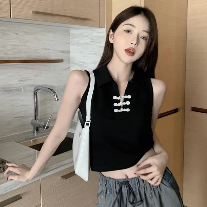 National style polo vest women's summer wear French pure desire unique chic sweet hot girl short sleeveless top T-shirt