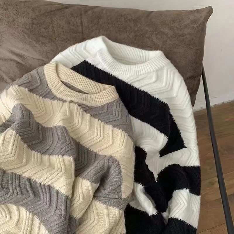 Striped Sweater Men's Autumn and Winter Trendy Brand Lazy Style Couple Loose Round Neck Sweater Outer Wear Thick Sweater Striped Sweater Men's Autumn and Winter Trendy Brand Lazy Style Couple Loose Round Neck Sweater Outer Wear Thick Sweater